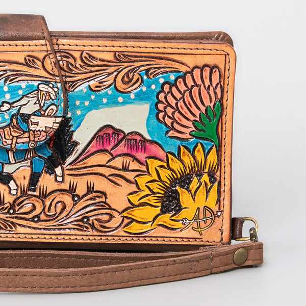 ADBGM103 Western Floral Tooled Leather Wristlet with Handcrafted Rodeo Art