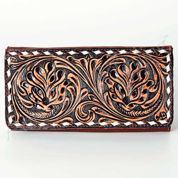 LC-ADBGZ393 Hand Tooled Leather Wallet - Western Floral Design with Whipstitch Edge