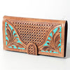 ADBGZ402 Tooled Leather Women Wallet with Turquoise Inlay - Western Floral Bifold Clutch
