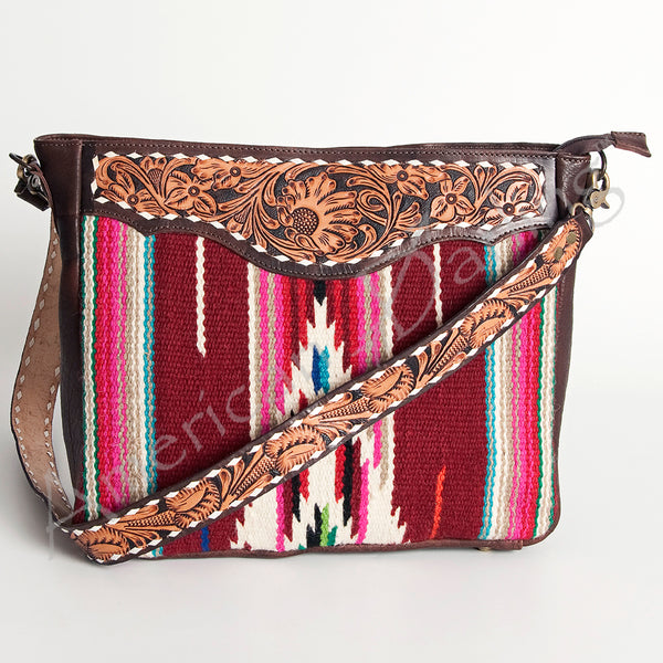 ADBGA184 American Darling Floral Tooled Leather and Maroon Serape Crossbody Purse