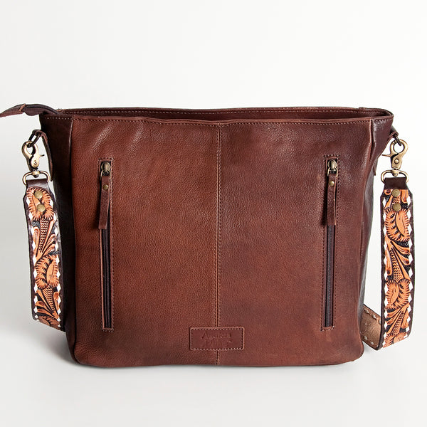 ADBGA184 American Darling Floral Tooled Leather and Maroon Serape Crossbody Purse