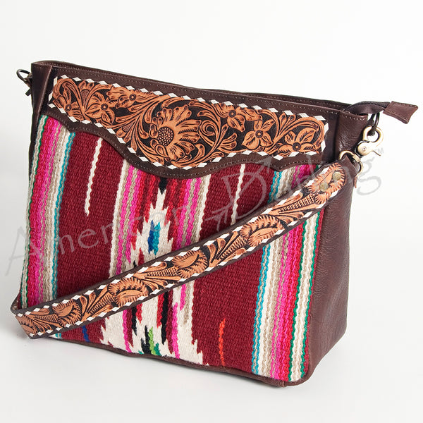 ADBGA184 American Darling Floral Tooled Leather and Maroon Serape Crossbody Purse