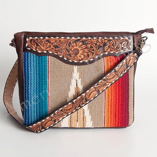 ADBGA185 American Darling Western Tooled Leather Tan & Blue Serape Crossbody Handbag