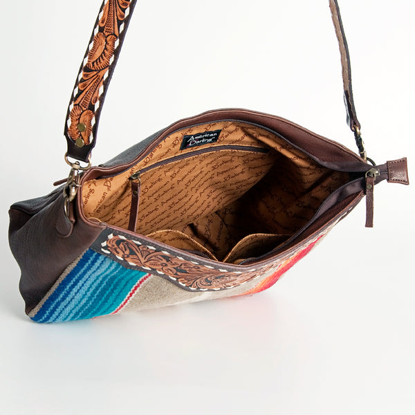 ADBGA185 American Darling Western Tooled Leather Tan & Blue Serape Crossbody Handbag