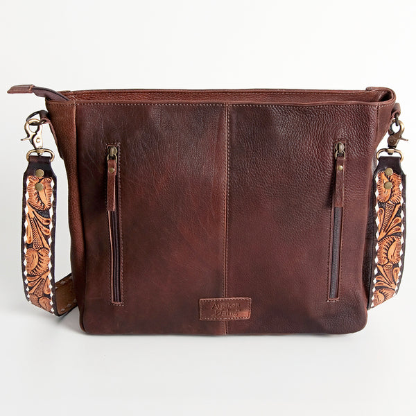 ADBGA185 American Darling Western Tooled Leather Tan & Blue Serape Crossbody Handbag
