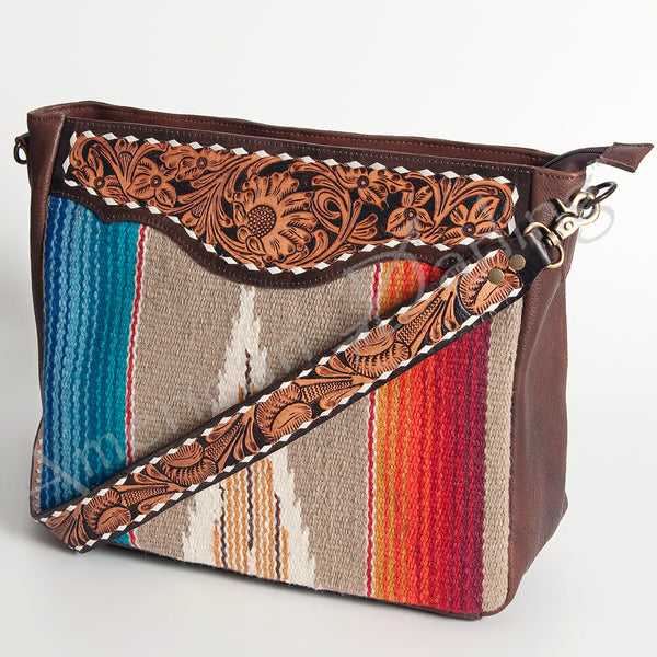 ADBGA185 American Darling Western Tooled Leather Tan & Blue Serape Crossbody Handbag