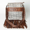 ADBGS192 Cowhide Large Crossbody Bag with Tooled Patch, Fringe & Floral Strap - Western Purse