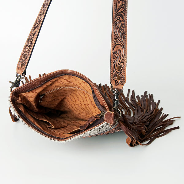 ADBGS192 Cowhide Large Crossbody Bag with Tooled Patch, Fringe & Floral Strap - Western Purse