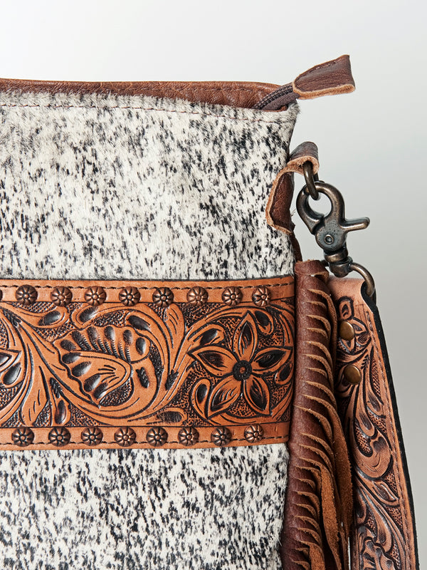 ADBGS192 Cowhide Large Crossbody Bag with Tooled Patch, Fringe & Floral Strap - Western Purse