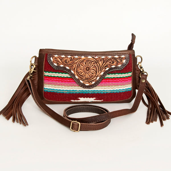 ADBGA188 American Darling Southwestern Wool & Leather Fringe Crossbody Bag with Hand-Tooled Flap