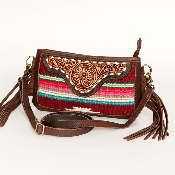 ADBGA188 American Darling Southwestern Wool & Leather Fringe Crossbody Bag with Hand-Tooled Flap