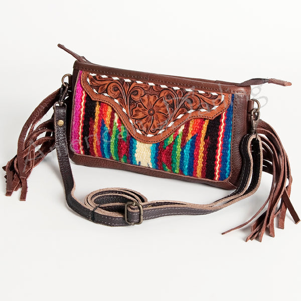 ADBGA188 American Darling Southwestern Wool & Leather Fringe Crossbody Bag with Hand-Tooled Flap
