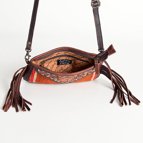ADBGA188 American Darling Southwestern Wool & Leather Fringe Crossbody Bag with Hand-Tooled Flap
