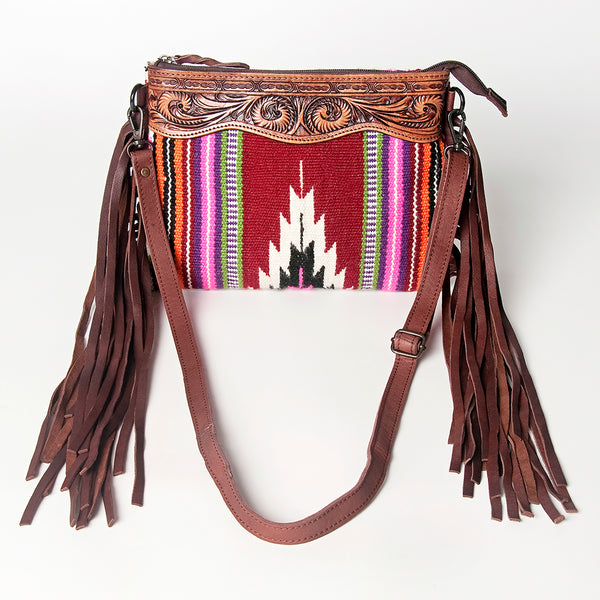 LC-ADBGZ184 Southwestern Wool Crossbody Bag with Tooled Leather & Fringe - Western Fringe Purse