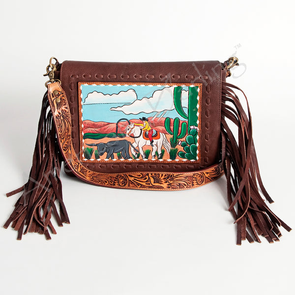 ADBGA204 American Darling Hand Tooled Fringed Genuine Leather Western Small Cross body Bag