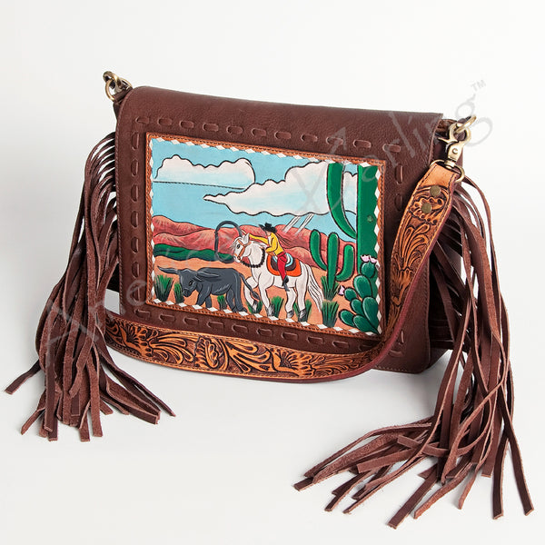 ADBGA204 American Darling Hand Tooled Fringed Genuine Leather Western Small Cross body Bag