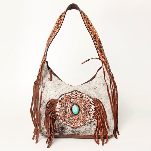 ADBGI112 Sage Western Hobo Bag - Genuine Leather with Tan Hair-On Hide & Tooled Strap
