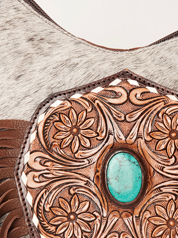 ADBGI112 Sage Western Hobo Bag - Genuine Leather with Tan Hair-On Hide & Tooled Strap