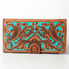 ADBGZ402 Tooled Leather Women Wallet with Turquoise Inlay - Western Floral Bifold Clutch