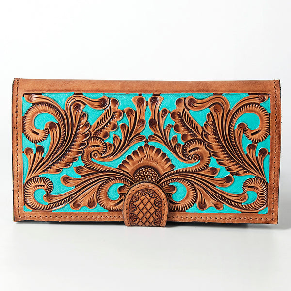 ADBGZ402 Tooled Leather Women Wallet with Turquoise Inlay - Western Floral Bifold Clutch