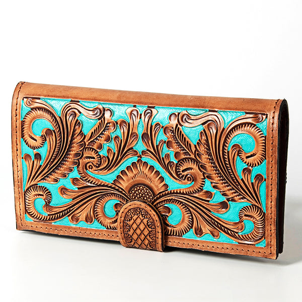 ADBGZ402 Tooled Leather Women Wallet with Turquoise Inlay - Western Floral Bifold Clutch