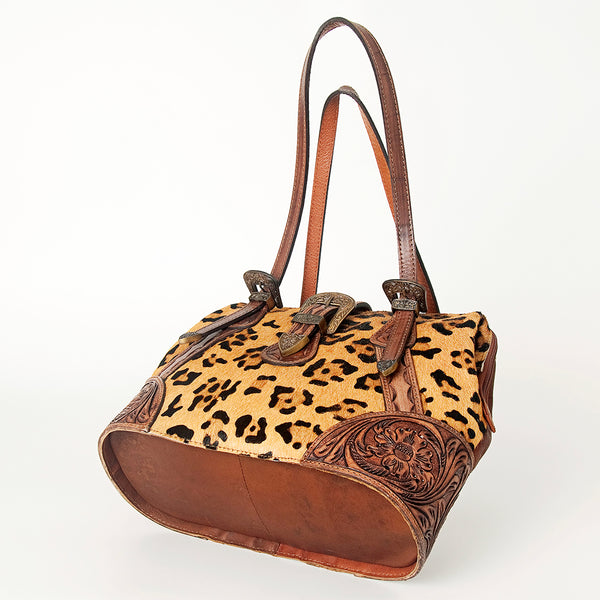 ADBGI183 Hair On Western Satchel - Tooled Leather Cowgirl Purse with Buckles