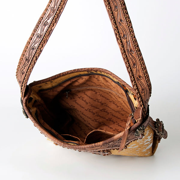 ADBG713 American Darling Handcrafted Hand Tooled Leather Hobo Bag with Hair-On Cowhide