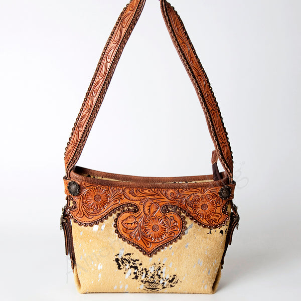 ADBG713 American Darling Handcrafted Hand Tooled Leather Hobo Bag with Hair-On Cowhide