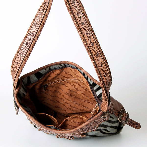 ADBG713 American Darling Handcrafted Hand Tooled Leather Hobo Bag with Hair-On Cowhide