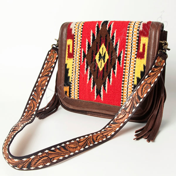 ADBGA207 American Darling Hand Tooled Saddle Blanket Fringed Leather Cross body Bag