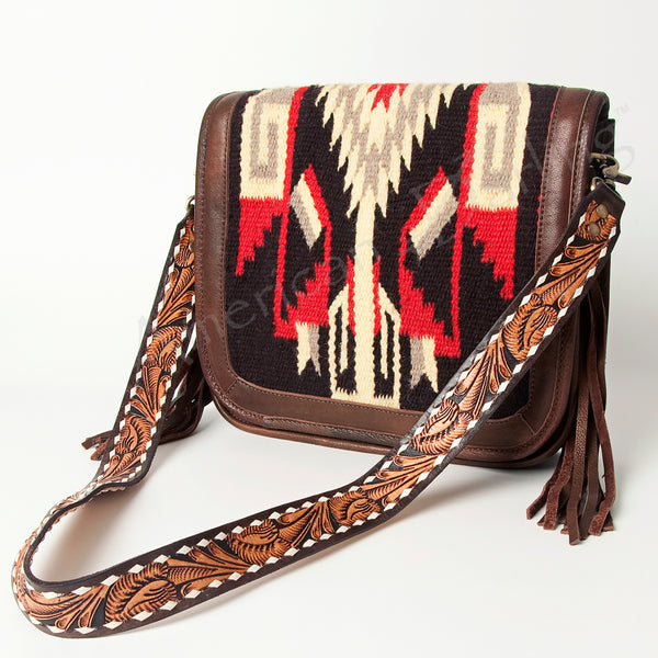 ADBGA207 American Darling Hand Tooled Saddle Blanket Fringed Leather Cross body Bag