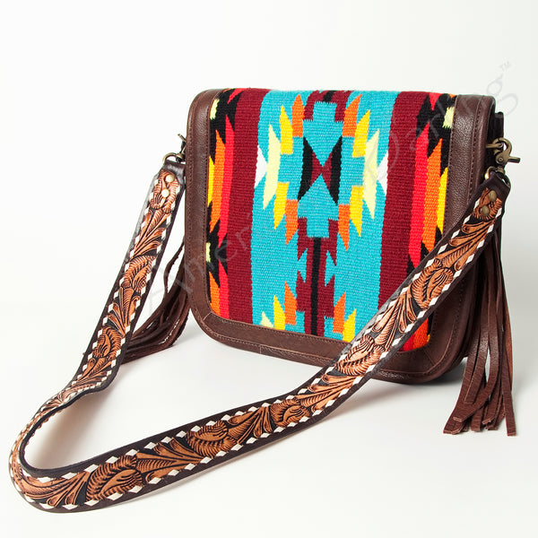 ADBGA207 American Darling Hand Tooled Saddle Blanket Fringed Leather Cross body Bag