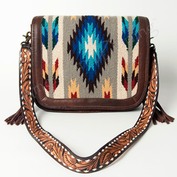 ADBGA207 American Darling Hand Tooled Saddle Blanket Fringed Leather Cross body Bag