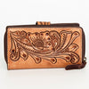 LC-ADBGZ469 Hand-Tooled Tan Leather Western Wallet - Floral Carved Bifold with Snap Closure