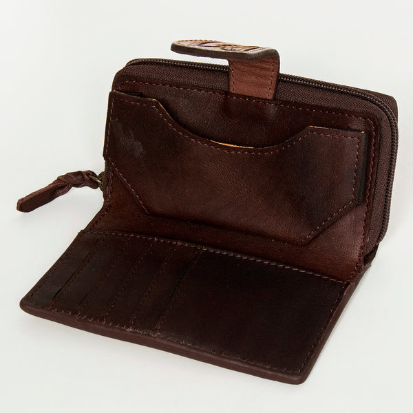 LC-ADBGZ469 Hand-Tooled Tan Leather Western Wallet - Floral Carved Bifold with Snap Closure