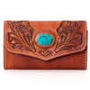 ADBGH105 Tooled Leather Western Wallet - Turquoise Stone Inlay & Floral Design
