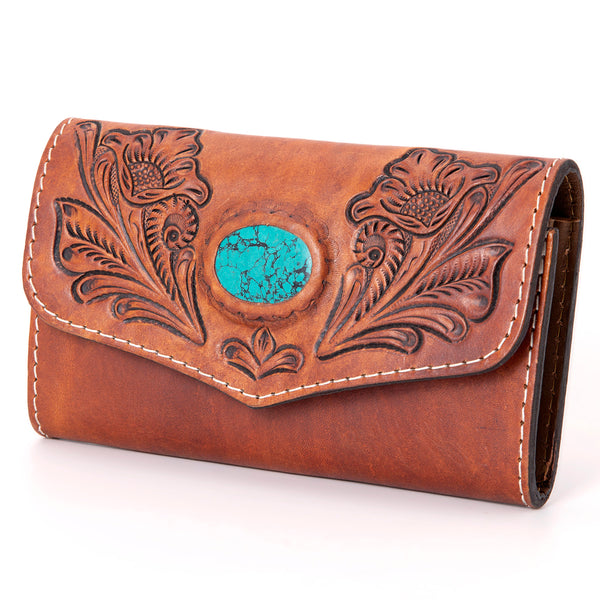ADBGH105 Tooled Leather Western Wallet - Turquoise Stone Inlay & Floral Design