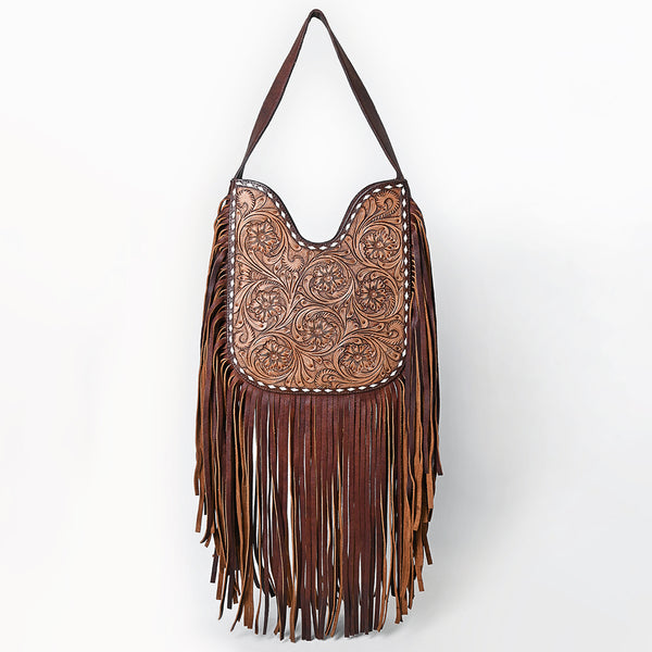 ADBGZ473 Hand-Tooled Leather Western Fringe Hobo Bag - Floral Saddle Design