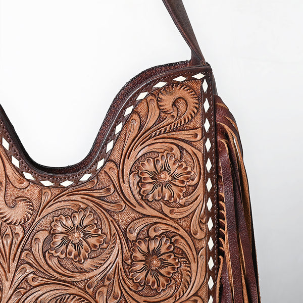 ADBGZ473 Hand-Tooled Leather Western Fringe Hobo Bag - Floral Saddle Design