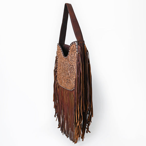 ADBGZ473 Hand-Tooled Leather Western Fringe Hobo Bag - Floral Saddle Design