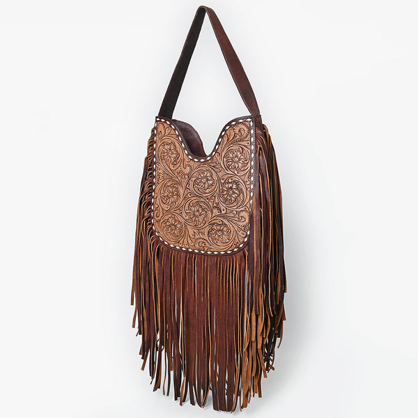 ADBGZ473 Hand-Tooled Leather Western Fringe Hobo Bag - Floral Saddle Design