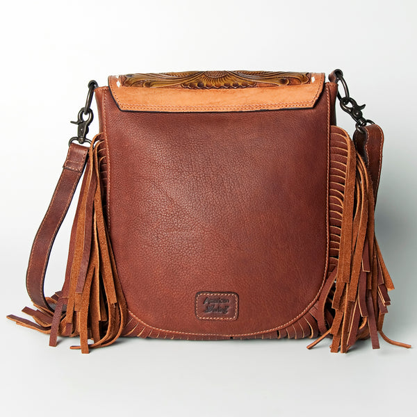 LC-ADBGZ474 Hand-Tooled Leather Fringe Messenger Bag - Floral Carving with Turquoise Accent