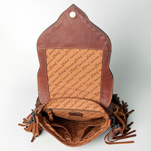 LC-ADBGZ474 Hand-Tooled Leather Fringe Messenger Bag - Floral Carving with Turquoise Accent