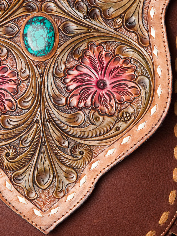 LC-ADBGZ474 Hand-Tooled Leather Fringe Messenger Bag - Floral Carving with Turquoise Accent