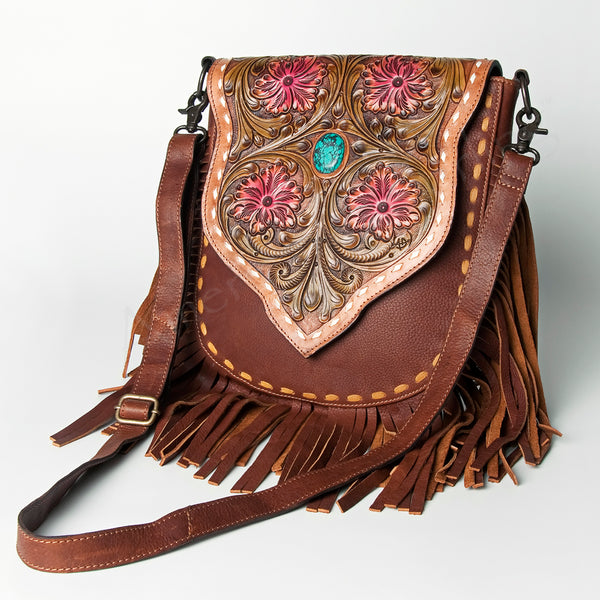LC-ADBGZ474 Hand-Tooled Leather Fringe Messenger Bag - Floral Carving with Turquoise Accent