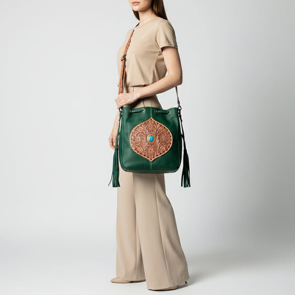 LC-ADBGZ477 Emerald Green Leather Bucket Bag with Hand-Tooled Floral Patch & Turquoise Accent