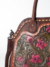 LC-ADBGZ478 Tooled Leather Western Tote Bag - Floral Carving with Turquoise Accent & Dual Handles