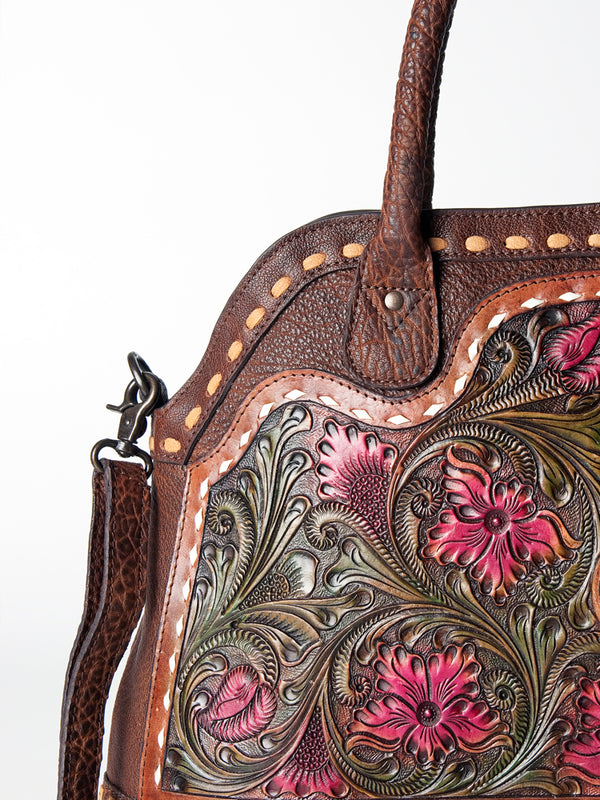ADBGZ478 Tooled Leather Western Tote Bag - Floral Carving with Turquoise Accent & Dual Handles