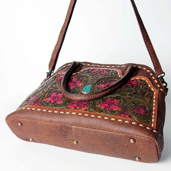 ADBGZ478 Tooled Leather Western Tote Bag - Floral Carving with Turquoise Accent & Dual Handles