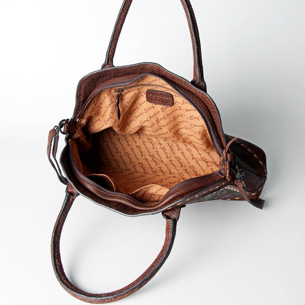 LC-ADBGZ478 Tooled Leather Western Tote Bag - Floral Carving with Turquoise Accent & Dual Handles